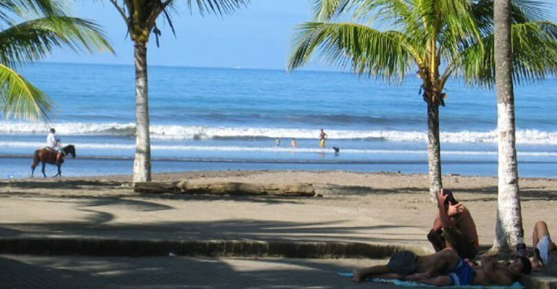 Picture of a beautiful sandy beach with palm trees, representing the sightseeing opportunities while having plastic surgery with Frontline Plastic Surgery, San Jose, Costa Rica.  The water is deep blue with gently breaking waves and a horseback rider is shown on the seashore.