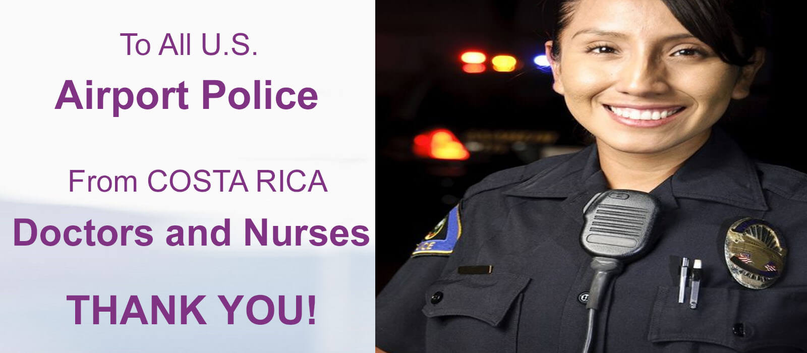 Close-up picture of a smiling  female frontline airport policewoman with short dark hair, taking advantage of a 30% discount on plastic surgery offered by Frontline Plastic Surgery in San Jose, Costa Rica.  The policewoman is wearing a dark blue shirt and is looking directly into the camera with a big smile.