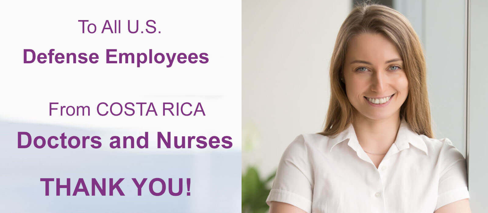 Close-up picture of a smiling female frontline defense industrial base worker with long brown hair, taking advantage of a 30% discount on plastic surgery offered by Frontline Plastic Surgery in San Jose, Costa Rica.  The defense industrial base worker is wearing a white blouse and is looking directly into the camera with a big smile.