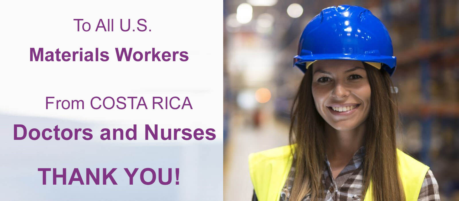 Close-up picture of a smiling female frontline hazardous materials worker employee with long brown hair, taking advantage of a 30% discount on plastic surgery offered by Frontline Plastic Surgery in San Jose, Costa Rica.  The hazardous materials worker is wearing a yellow jacket and hard hat, and is looking directly into the camera with a big smile.