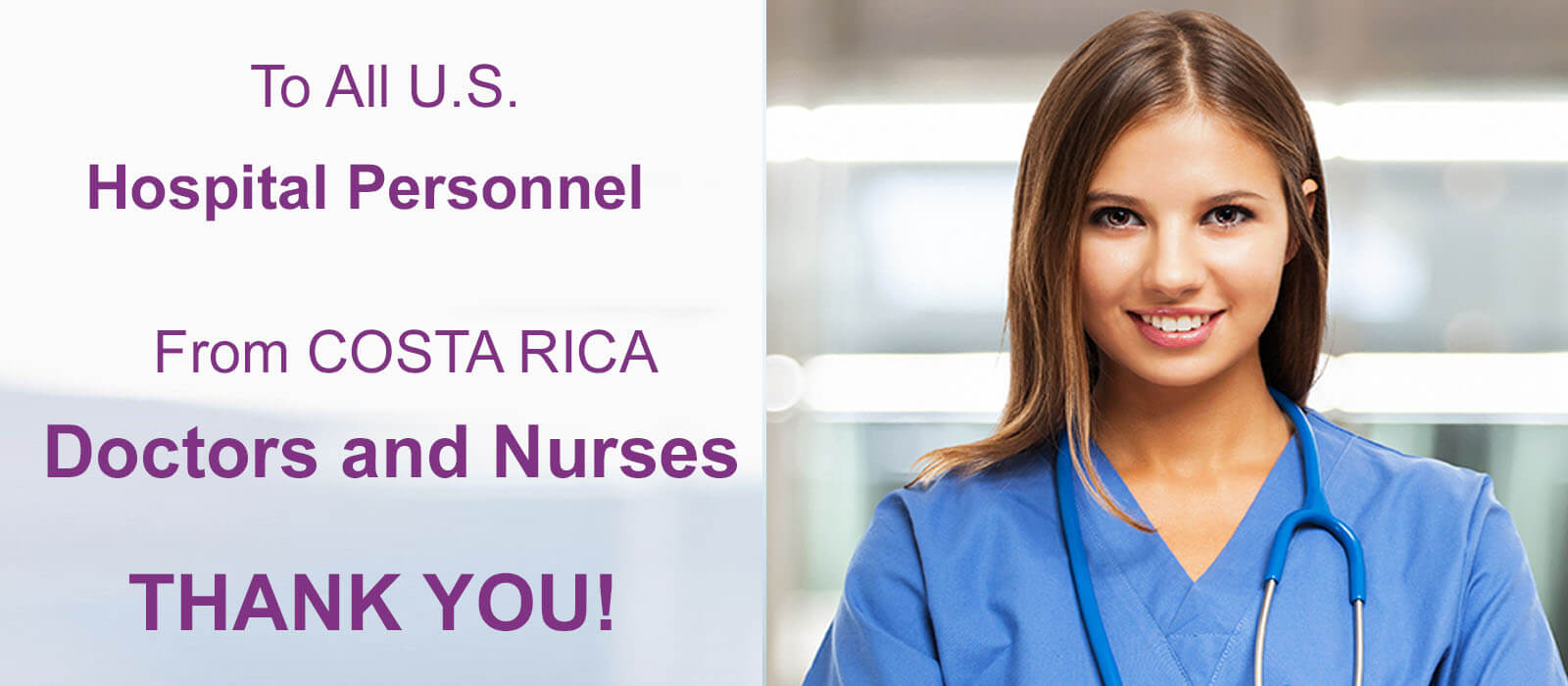 Close-up picture of a smiling female hospital worker with long brown hair, taking advantage of a 30% discount on plastic surgery offered by Frontline Plastic Surgery in San Jose, Costa Rica.  The hospital worker is wearing a blue smock and is looking directly into the camera with a big smile.