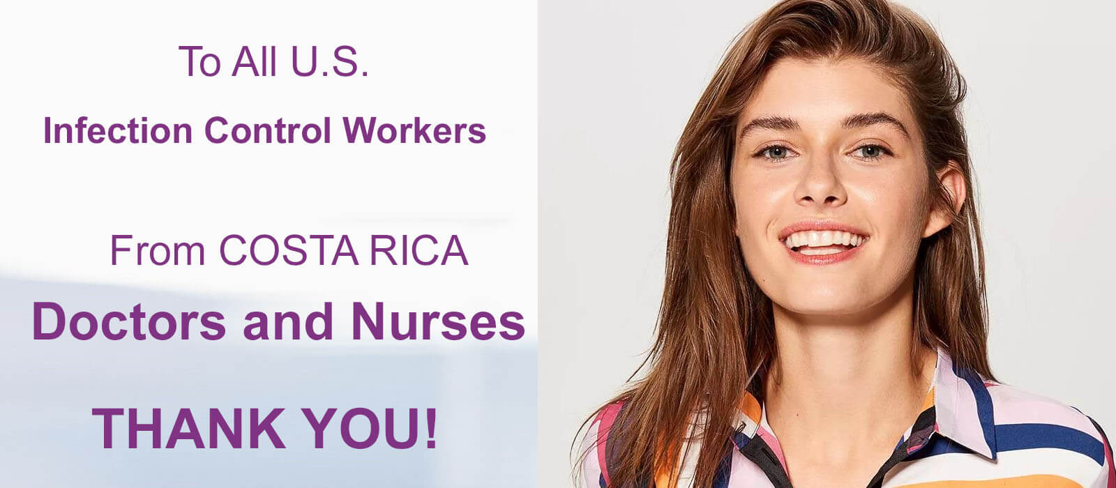 Close-up picture of a smiling female infection control worker with medium brown hair, taking advantage of a 30% discount on plastic surgery offered by Frontline Plastic Surgery in San Jose, Costa Rica.  The infection control worker is wearing a striped shirt and is looking directly into the camera with a big smile.