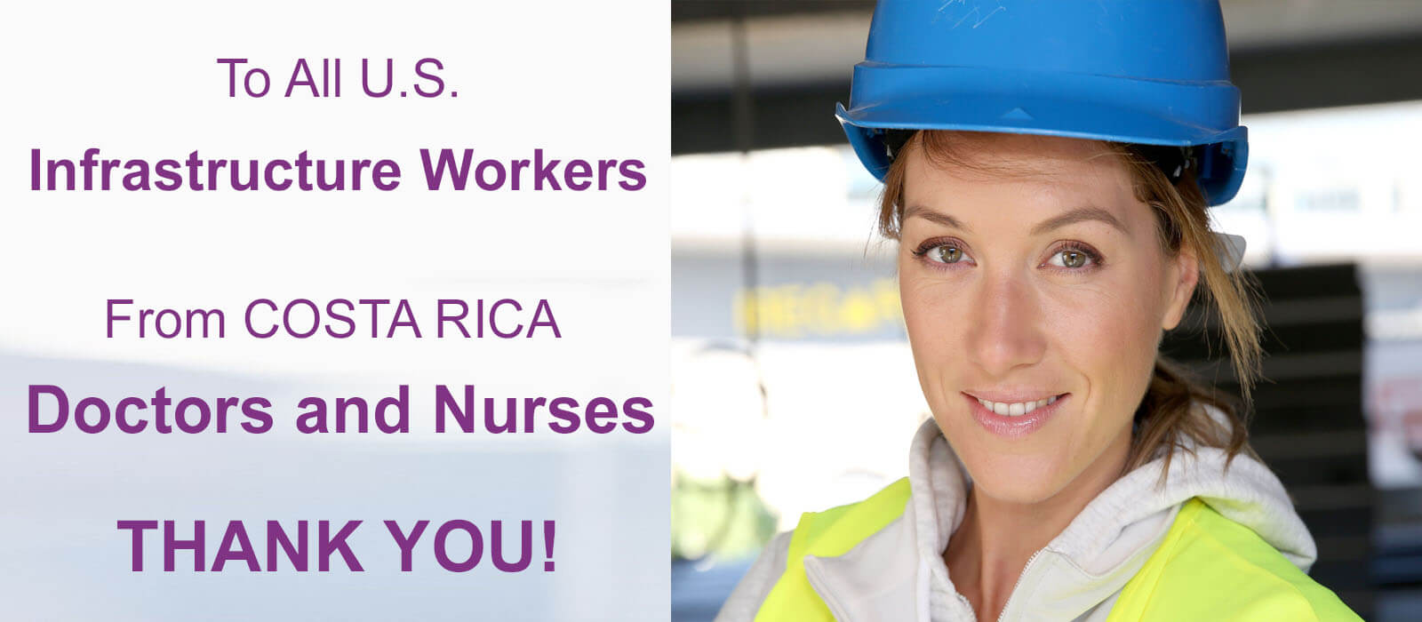 Close-up picture of a female Public Works and  Infrastructure Services worker with medium brown hair, taking advantage of a 30% discount on plastic surgery offered by Frontline Plastic Surgery in San Jose, Costa Rica.  The worker is wearing a yellow jacket and a blue hard hat and is looking directly into the camera with a big smile.