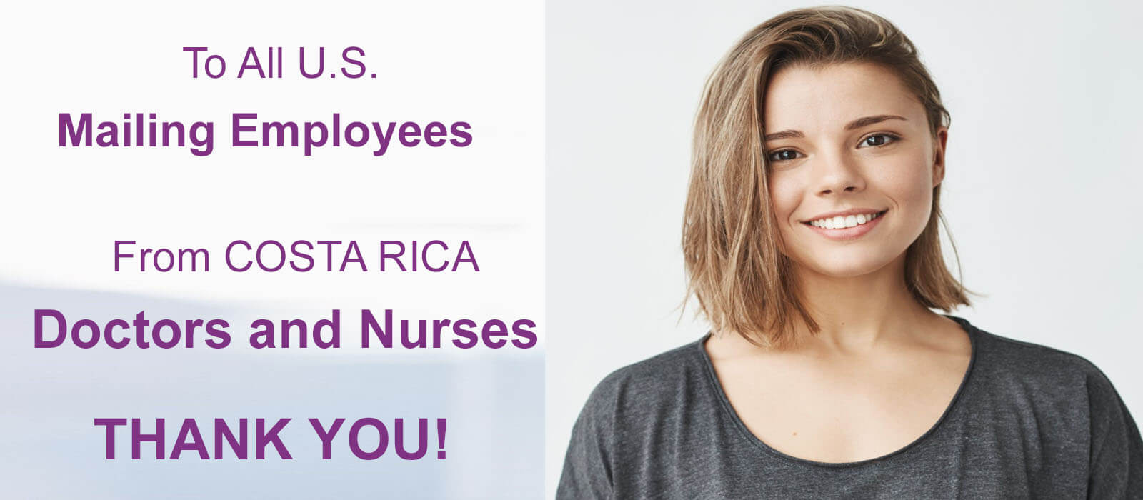 Close-up picture of a smiling mailing employee with long sandy brown hair, taking advantage of a 30% discount on plastic surgery offered by Frontline Plastic Surgery in San Jose, Costa Rica.  The mailing employee is wearing a gray shirt and is looking directly into the camera with a big smile.