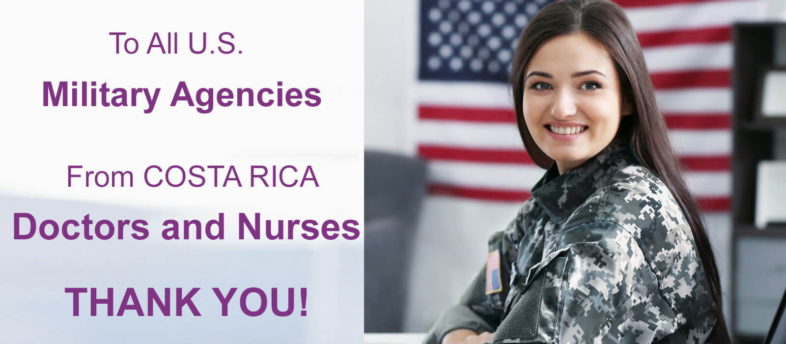 Close-up picture of a smiling  female military agencies and installations employee with long dark hair, taking advantage of a 30% discount on plastic surgery offered by Frontline Plastic Surgery in San Jose, Costa Rica.  The military agencies and installations employee is wearing a military uniform and is looking directly into the camera