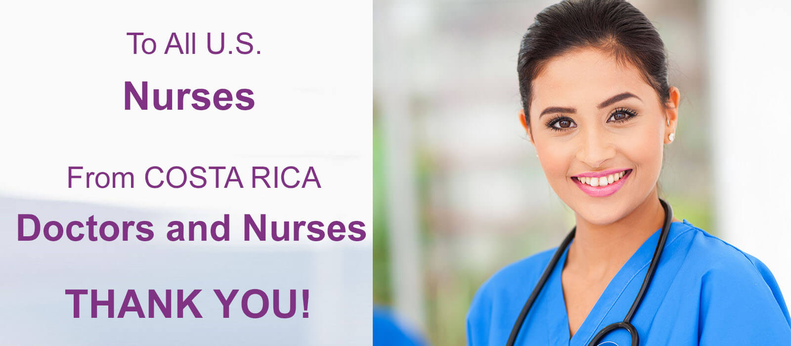 Close-up picture of a female nurse with short dark hair, taking advantage of a 30% discount on plastic surgery offered by Frontline Plastic Surgery in San Jose, Costa Rica.  The female nurse is wearing a blue shirt and is looking directly into the camera with a big smile.