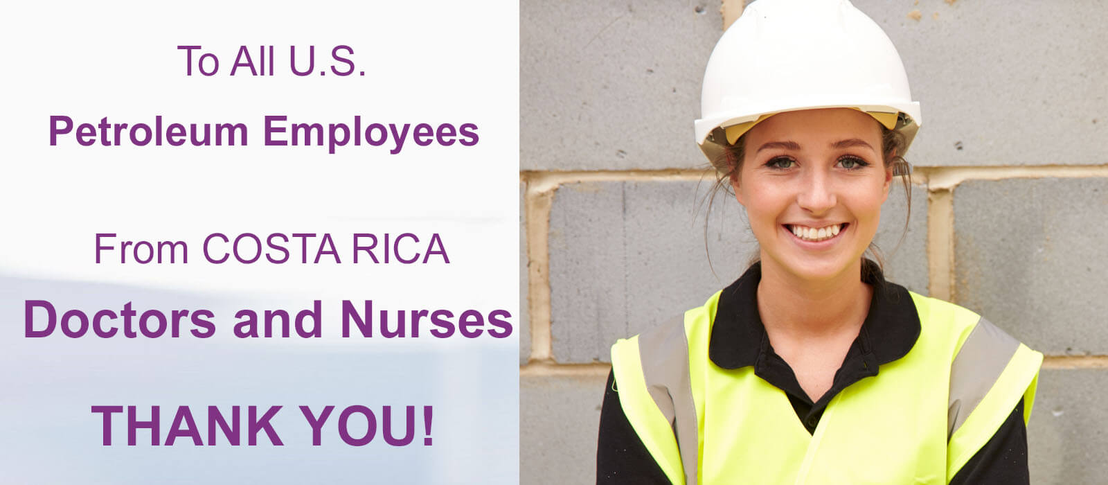 Close-up picture of a female petroleum employee with short sandy blonde hair, taking advantage of a 30% discount on plastic surgery offered by Frontline Plastic Surgery in San Jose, Costa Rica.  The petroleum employee is wearing a yellow work shirt and white hard hat and is looking directly into the camera with a big smile.