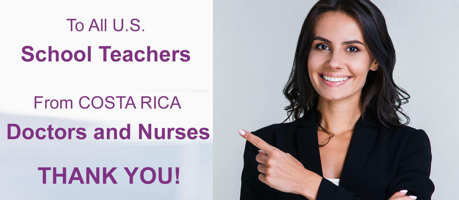 Close-up of a female school teacher with long black hair taking advantage of a 30% discount on plastic surgery offered by Frontline Plastic Surgery in San Jose, Costa Rica. The school teacher is wearing a black jacket and is looking directly into the camera with a big smile.