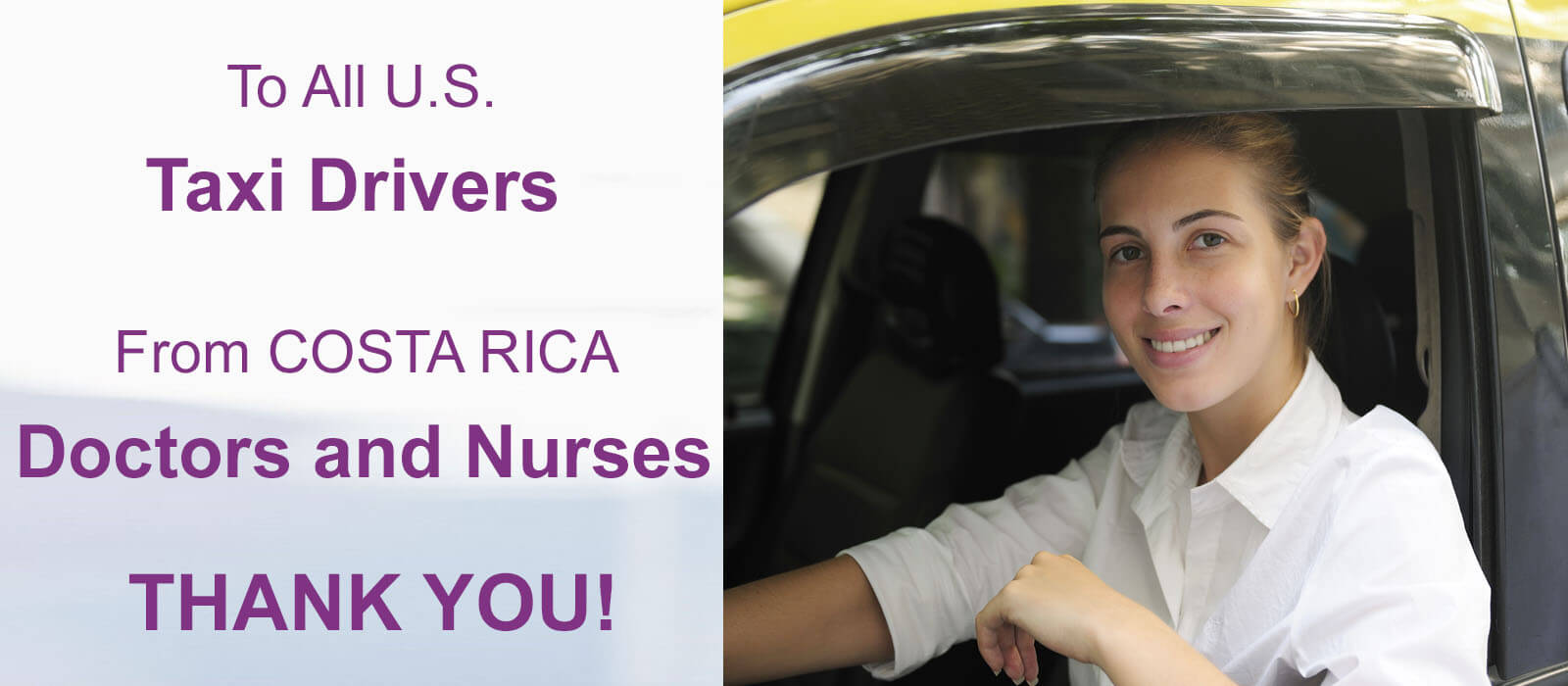 Close-up picture of a female taxi driver with short blonde hair, taking advantage of a 30% discount on plastic surgery offered by Frontline Plastic Surgery in San Jose, Costa Rica.  The taxi driver is wearing a white shirt and is looking directly into the camera with a big smile.