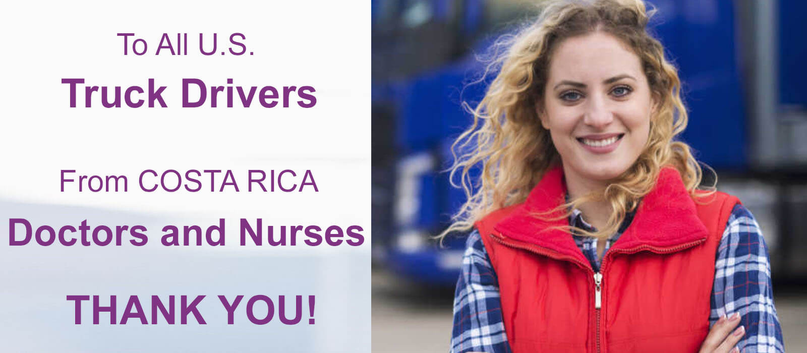 Close-up picture of a female truck driver with long sandy blonde hair, taking advantage of a 30% discount on plastic surgery offered by Frontline Plastic Surgery in San Jose, Costa Rica.  The truck driver is wearing a red jacket and is looking directly into the camera with a big smile.