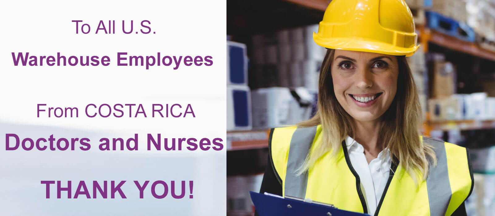 Close-up picture of a female warehouse employee with medium sandy blonde hair, taking advantage of a 30% discount on plastic surgery offered by Frontline Plastic Surgery in San Jose, Costa Rica.  The warehouse employee is wearing a yellow jacket and yellow hard hat and is looking directly into the camera with a big smile.